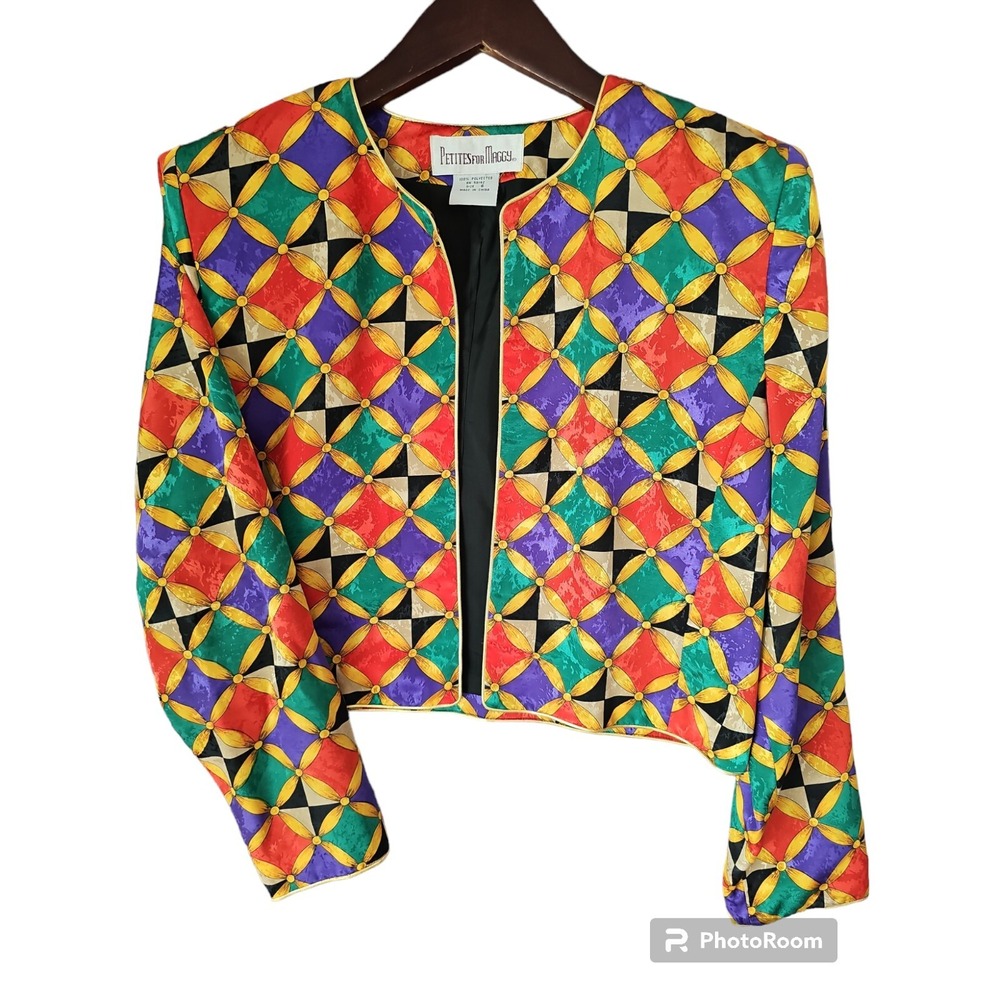 Vintage Petites For Maggy Satin Jacket Blouse Button Womens Multicolor Print 6